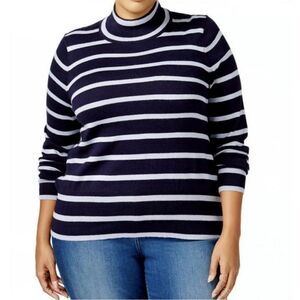 Melissa McCarthy 7Seven 1X Mock Neck‎ Pullover Sweater Blue Stripe Nautical New